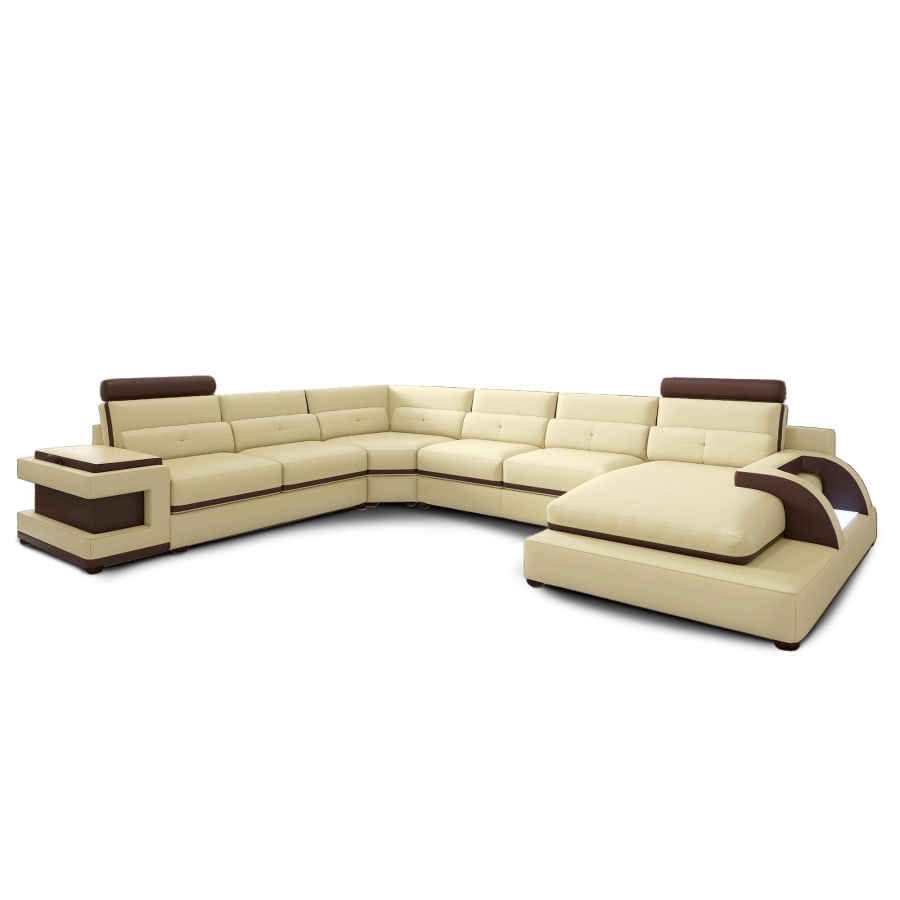 Canap&eacute; d'angle gauche panoramique design en cuir beige et marron avec lumi&egrave;re int&eacute;gr&eacute;e